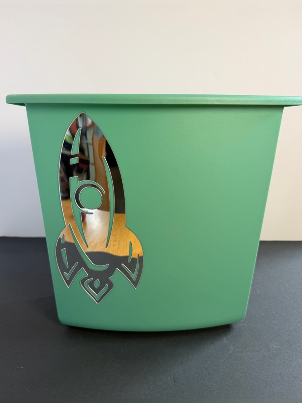 Vintage Sterilite MCM 60s Green Plastic Waste Basket Trash Can + Rocket Decal